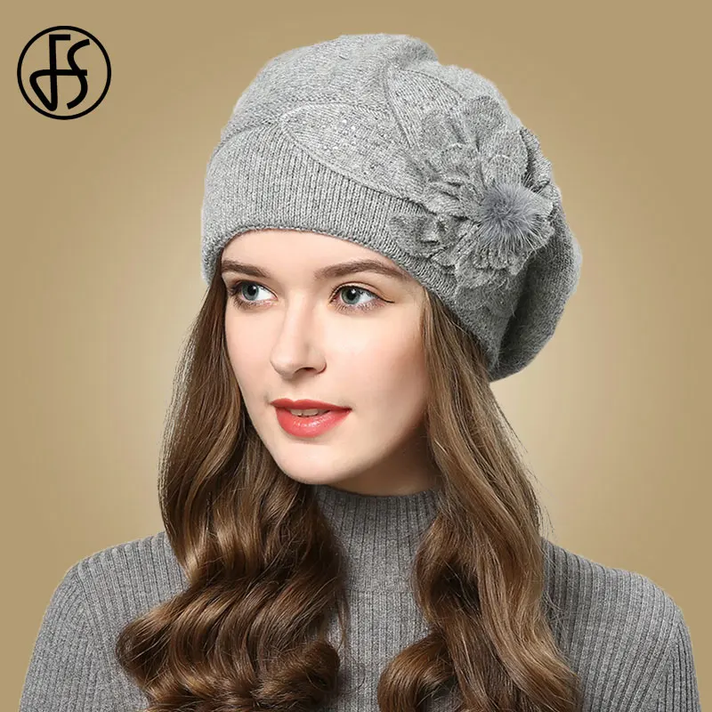 FS Ženy králičie barety pletené vlnené klobúky Zimné kvety Teplé ženské čiapky dievčatá kožušina klobúk gorros kapota femme hiver 2023