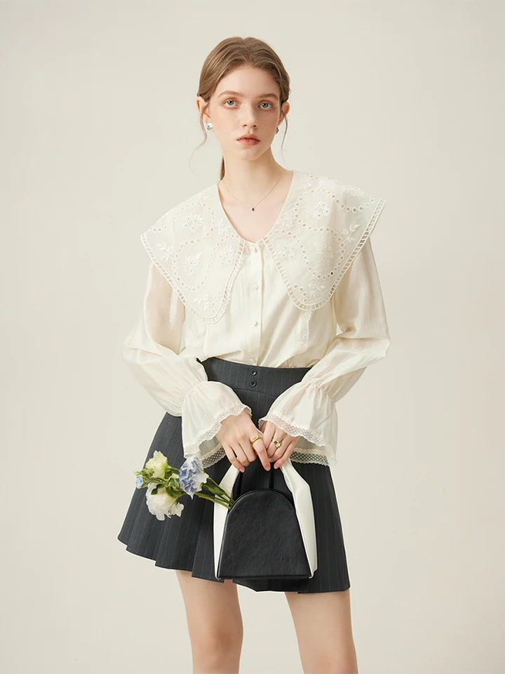 Fsle Peter Pan Collar Dámske béžové jar Nové blúzky s dlhým rukávom Vesta+košeľa ženské dvoma dielmi tričko 24FS11360