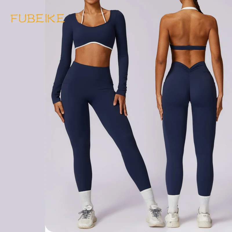 Fubeike 2 ks nastavené jarné módne kontrast farbu bezšvový krása zadný jogu oblečenie jedno rameno podprsenky športové kraťasy leggings obleky