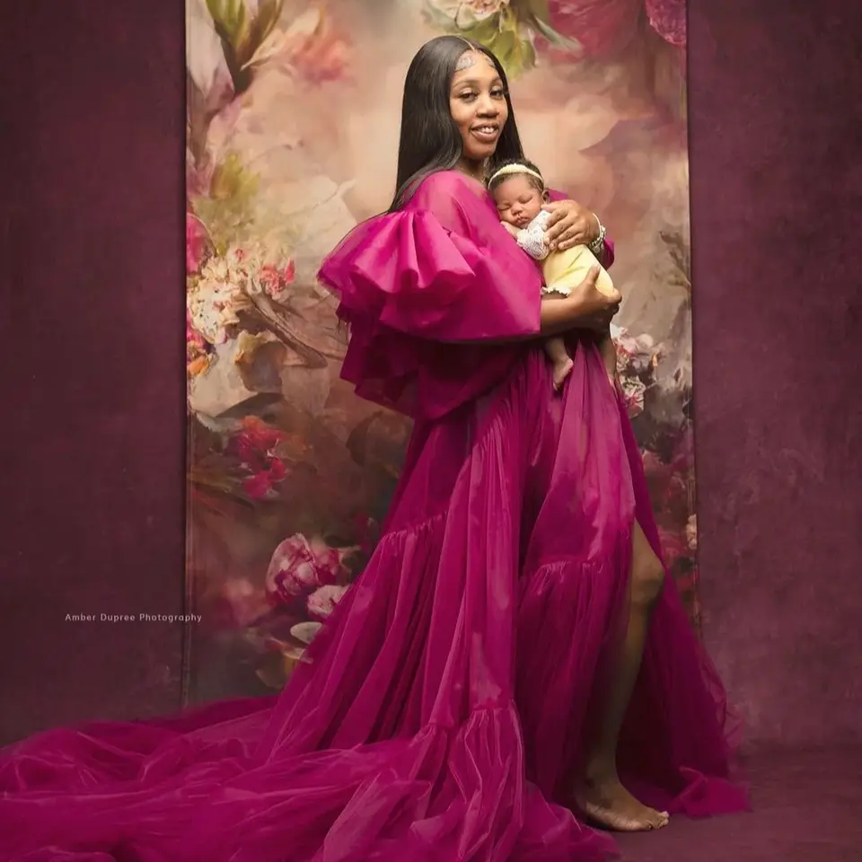 Fuchsia babyshower ples šaty šaty pre predné split materské šaty na fotenie s krátkymi rukávmi