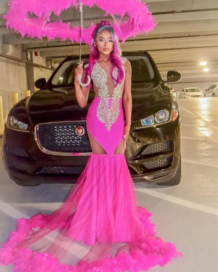 Fuchsia morská panna africké plesové šaty pre ženy strieborné diamantové krištáľové perie Čierne dievča narodeninové šaty Vestidos de gala