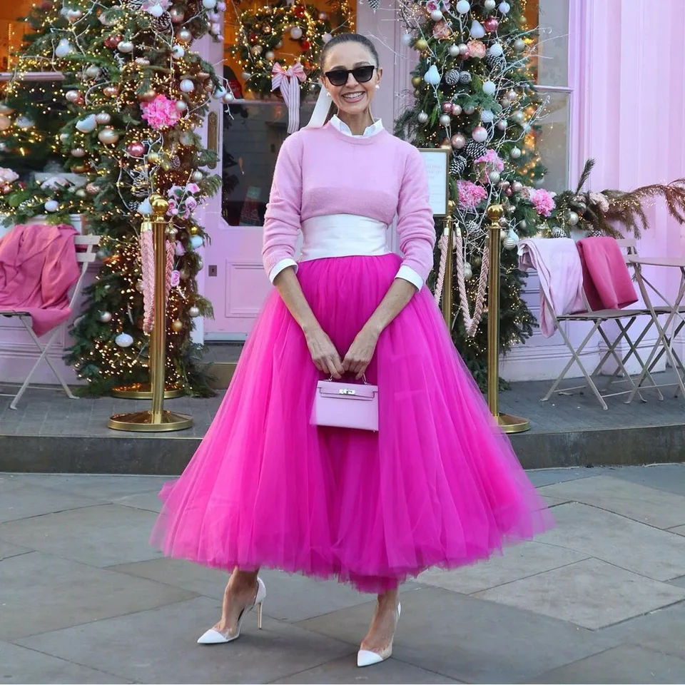Fuchsia Puffy Tulle Maxi sukňa elastický pás 7 vrstie
