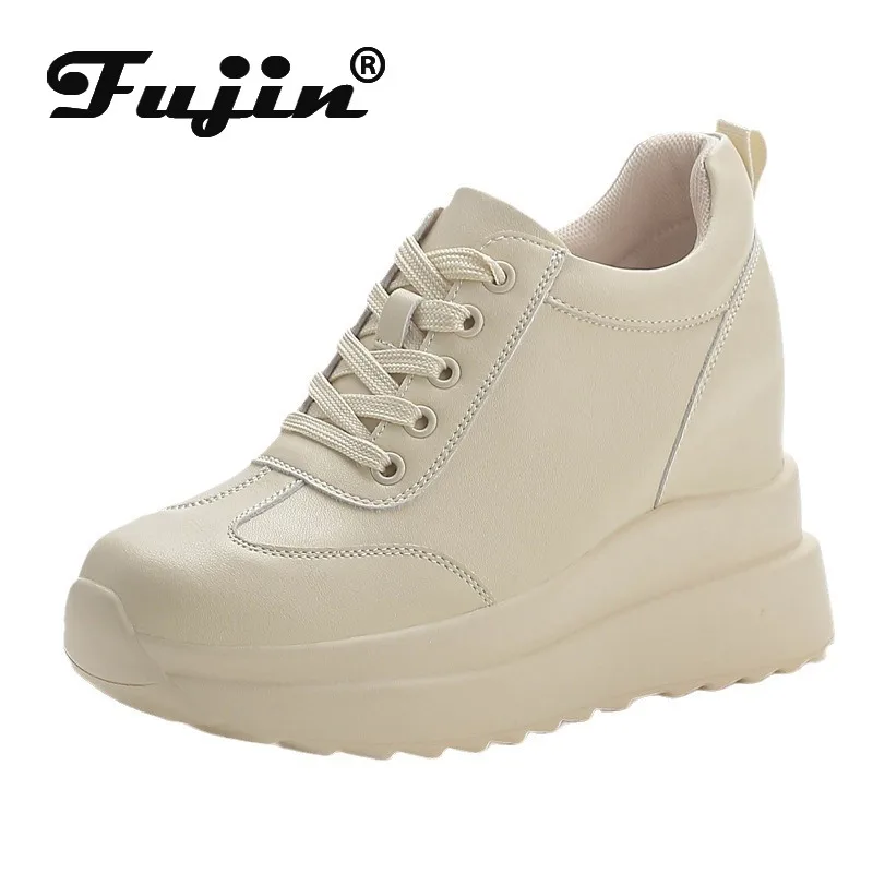 Fujin 10cm Air Mesh Platform Wedge Chunky topánky Originálne kožené skryté podpätky Ženy letné jarné jesenné tenisky móda