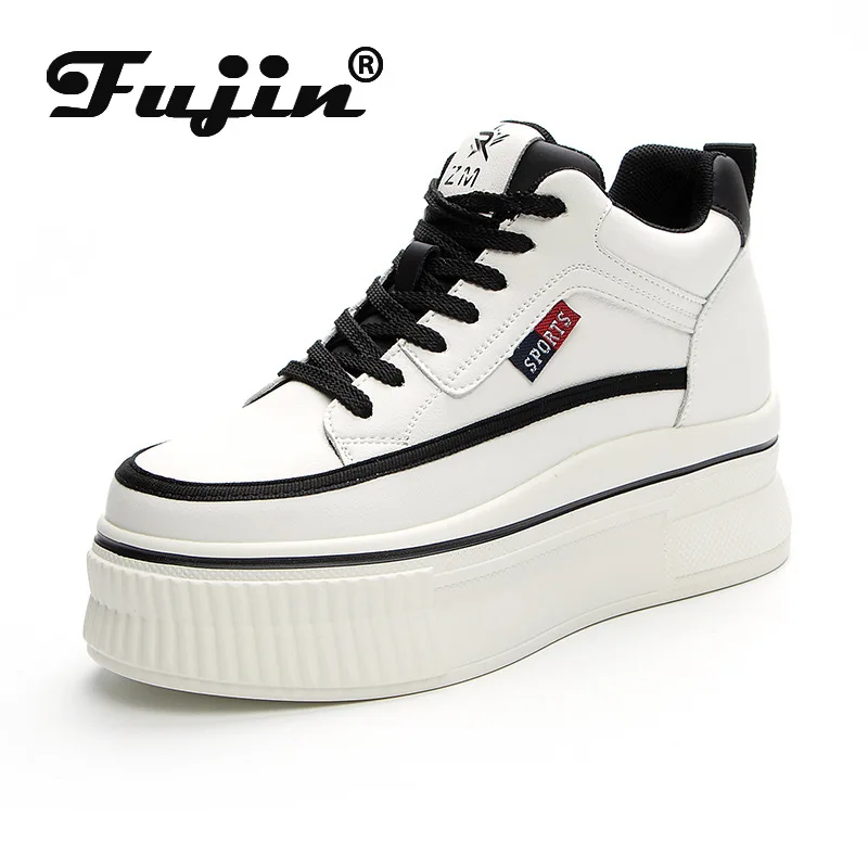 Fujin 8,8 cm Platforma klinové tenisky Chunky Originálne kožené ženy na jeseň jeseň priedušné biele topánky vulkanizované na leto