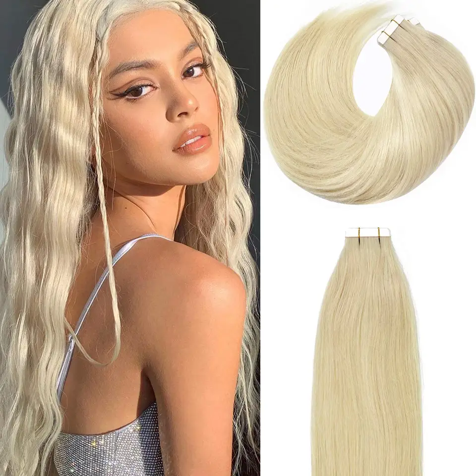 Full Shine Tape in Extensions White Blonde Platinum Blonde Hair #60 Rovné predlžovanie ľudských vlasov pre ženy