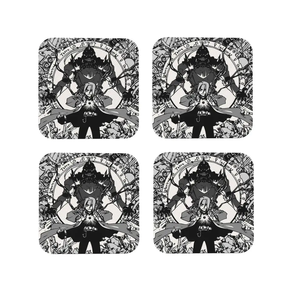 Fullmetal ALCHEMIST Anime Manga 4 Coasters Kuchynské prestieranie izolačný šálka Kávové rohože pre dekorácie domáce riadové vankúšiky sada 4