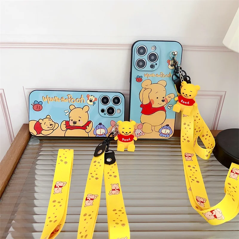 Funny Cartoon Cutoon Winnie the Pooh Stretching Stand Lanyard Telefón puzdro pre iPhone x xr 11 12 13 14 15 Pro Max Soft Cover