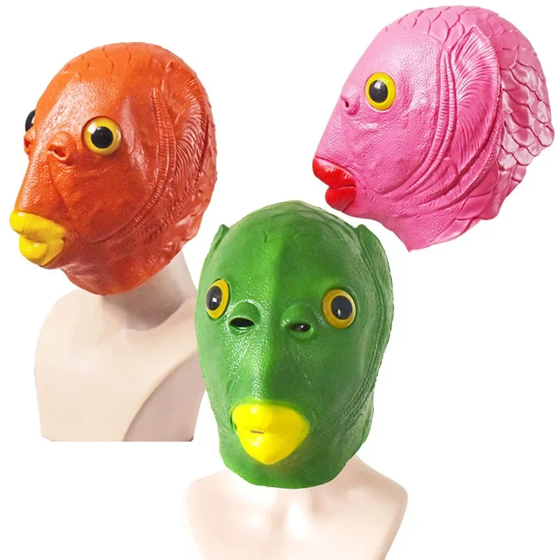 Funny cosplay maska ​​pre mužov a ženy dospelé párty na párty rybia hlava hlavy čelenka pre make -up párty zelená hlava rybia k kapucň