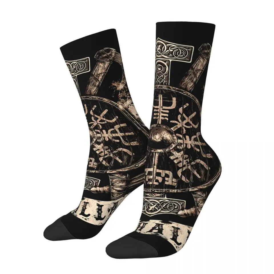 Funny Crazy Sock For Men Vegvisir Shield Hip Hop Viking Mytology Kvalitný vzor Tlač posádky ponožky Príležitostný darček