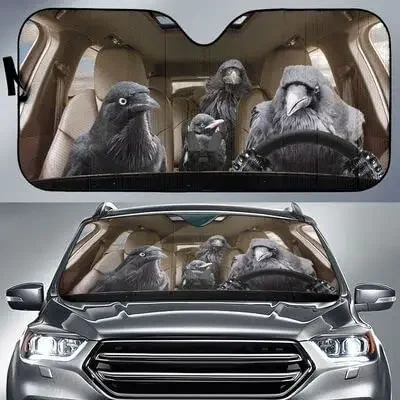 Funny Raven Family ľavá ruka pohon automobilu Sunshade, rodinné havrans lietajúce zvieratá, ktoré jazdia na automatickom slnečnom tieni, darček pre auto Lover Raven Lover D