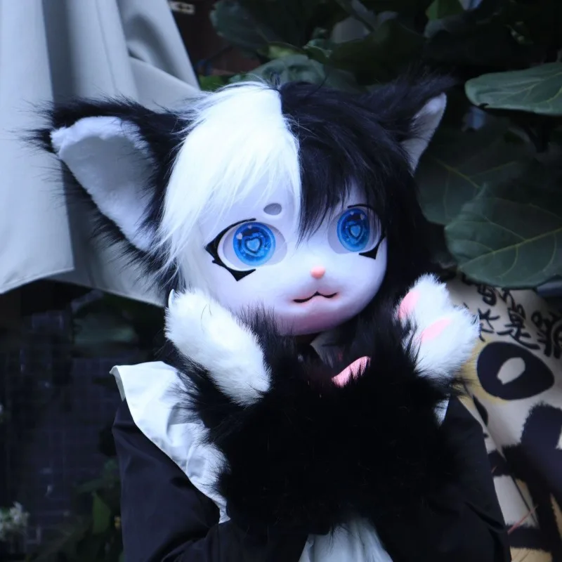 Fursuit Kig Series Dokončená jediná hlava Nositeľná pokrývka hlavy roztomilý cak s mačkou ucho cosplay plyšová hlava zvierat