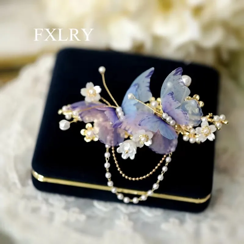 Fxlry originálny ručne vyrábaný škrupina perlová motýľ vlásenka Vintage vintage štýl Tassel Clip Headdress príslušenstvo