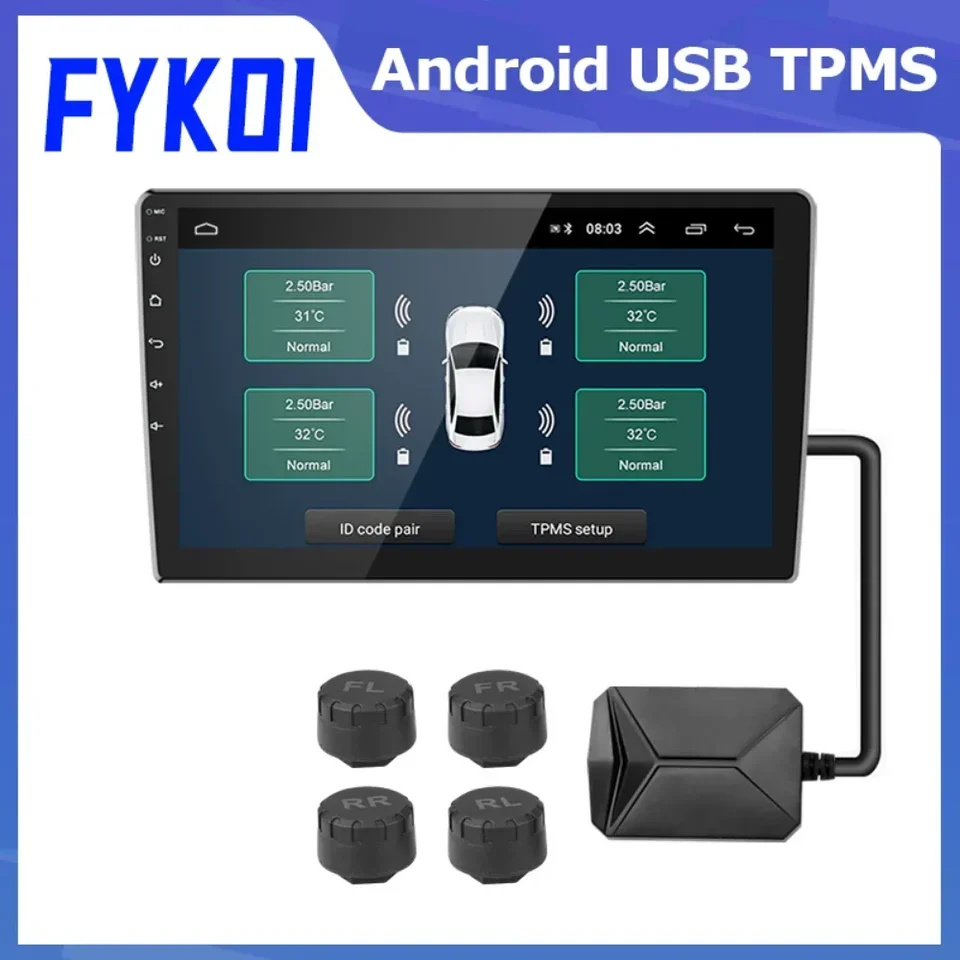 Fykoi USB Android Wireless TPMS Monitorovanie tlaku Systém 5V Interné externé pre navigačné vozidlo Alarm zobrazenia rádio