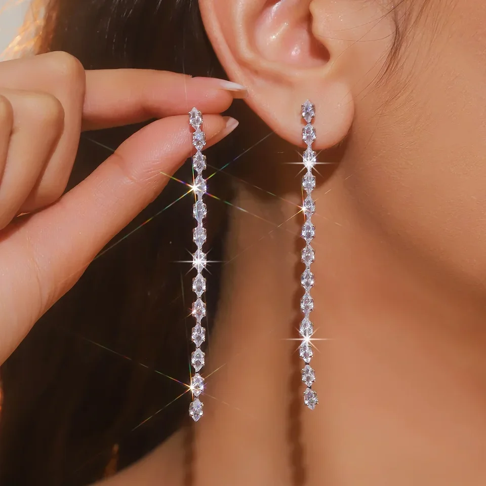 Fyuan Simple Geometric zirkón Crystal náušnice pre ženy Zlato strieborná farba dlhé strapce náušnice Party