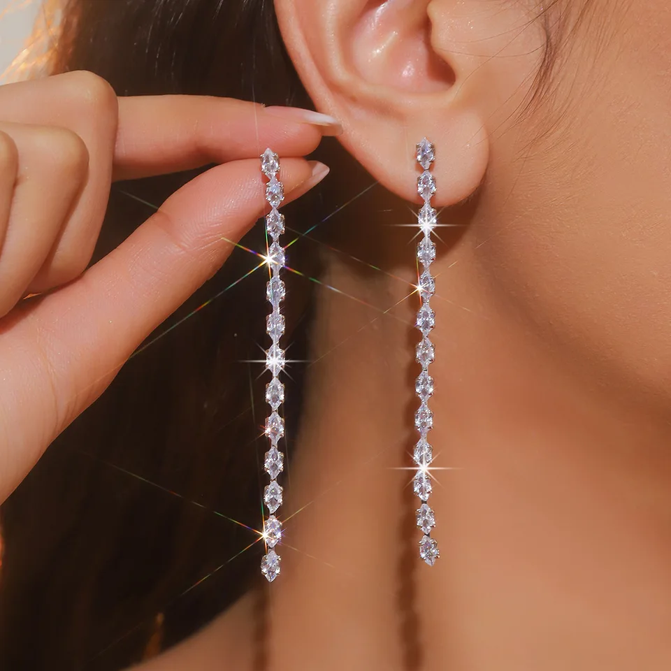 Fyuan Simple Geometric zirkón Crystal náušnice pre ženy Zlato strieborná farba dlhé strapce náušnice Party