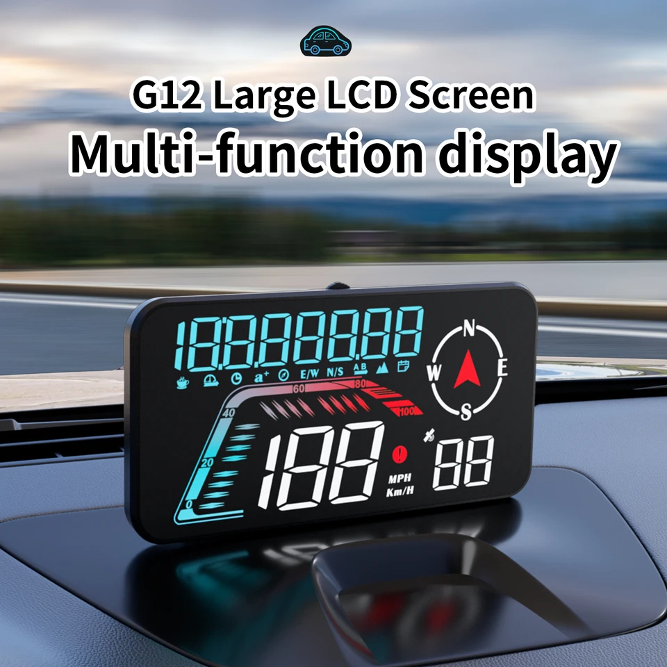 G12 GPS HUD Digital Schadometer Plug and Hra pre všetky autá Big Font KMH MPH Hilleage Local Time Expose Compass Head-Up Displej