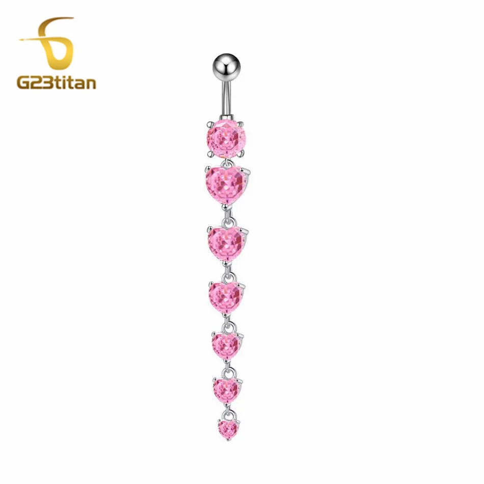 G23titan Long Dangle Pink Zirkón Srdce Bellybutton Ring Dievčatá Dievča