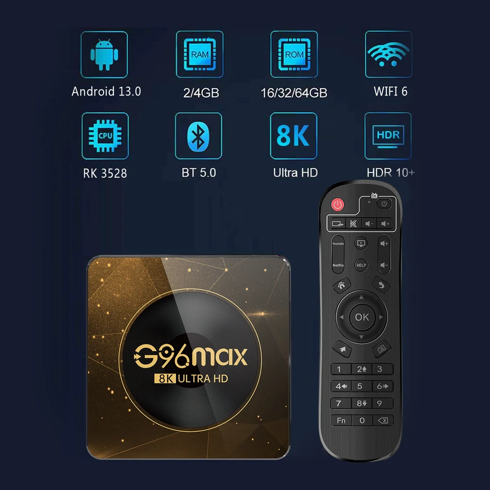 G96 Max Android 13 8k Smart TV Box Amlogic RK3528 2,4G a 5G 4GB 64 GB BT5.0 WiFi6 AV1 Video médium prehrávač TV TV SET TOW BOX
