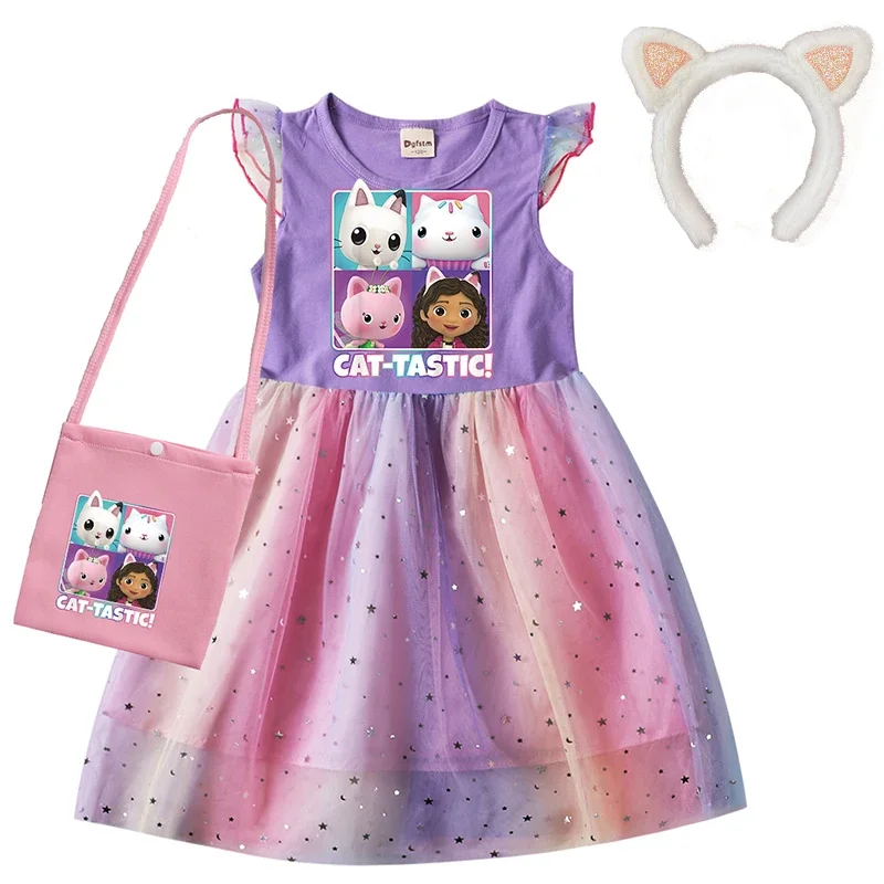 Gabby Cats Girls Summer Gabby's Dollouse Doildes Detské deti Cosplay princezná rúžky batoľa narodeninové šaty šaty s taškovým pokrývkou hlavy hlavy