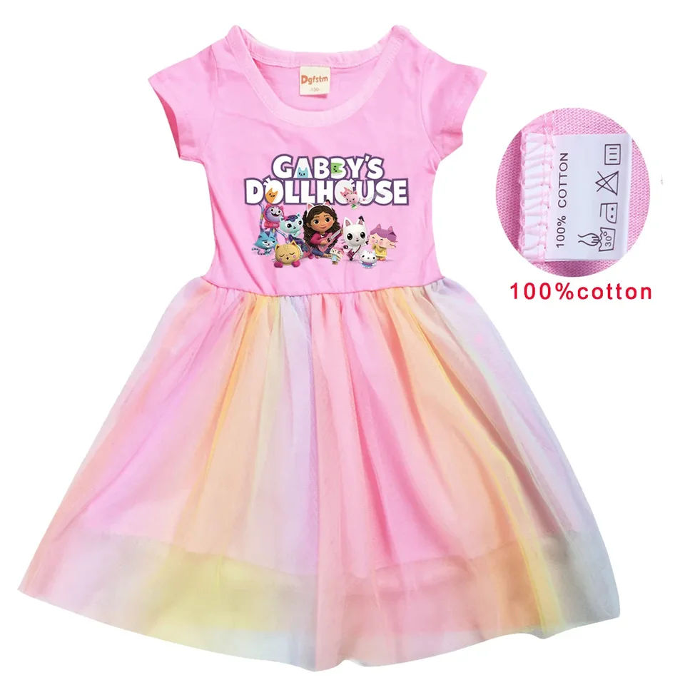 Gabby doolhouse oblečenie deti anime gabby chat dúha gáza sukňa dievčatko princezná šaty deti svadobná hostina koleno dĺžka