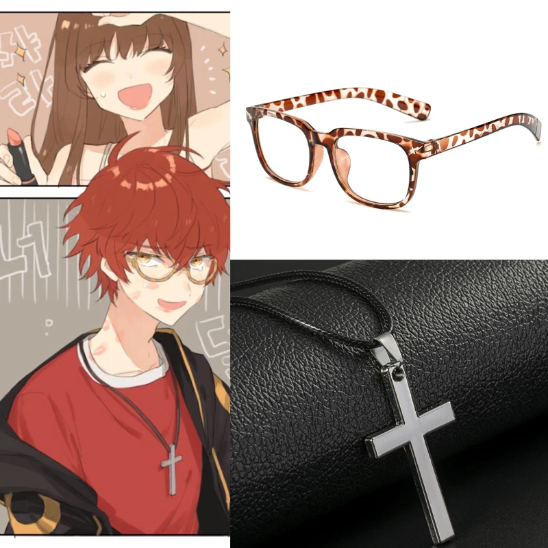 Game Mystic Messenger 707 Leopardské okuliare krížový náhrdelník prívesok okuliare Halloween Cosplay kostýmové doplnky