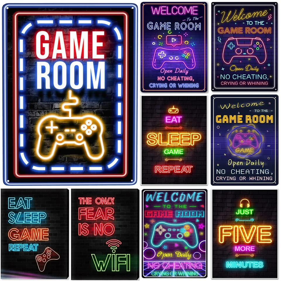 Gaming Room Metal Tin Signs Vitajte v herni značky Znaky Gamer Room Decor for Boys Spálne doplnky herná spálňa Dekorácie