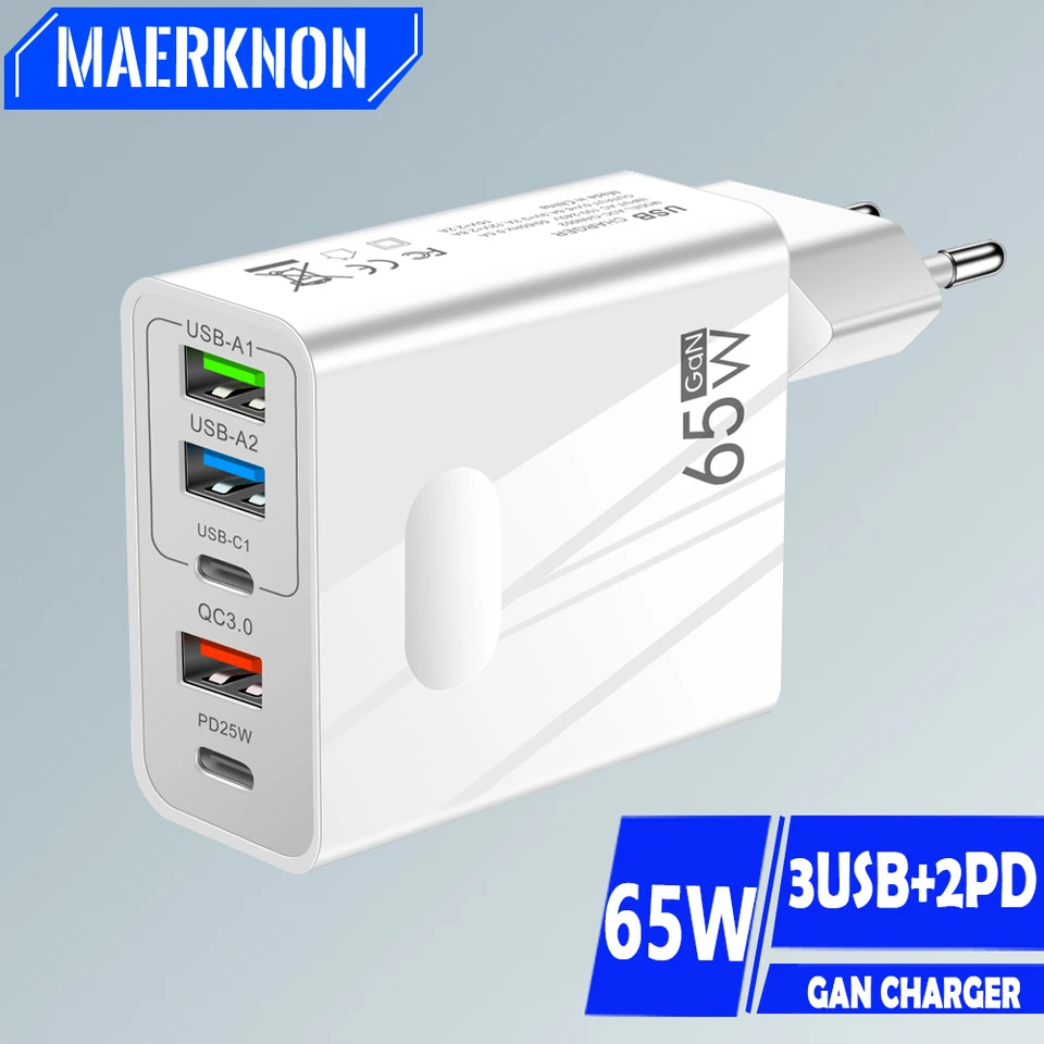 Gan Charger 65W USB PD Muti Plugs Ports Rýchle rýchle nabíjanie nabíjačky Mobilný telefón Typ nástenného adaptéra pre iPhone Xiaomi Samsung