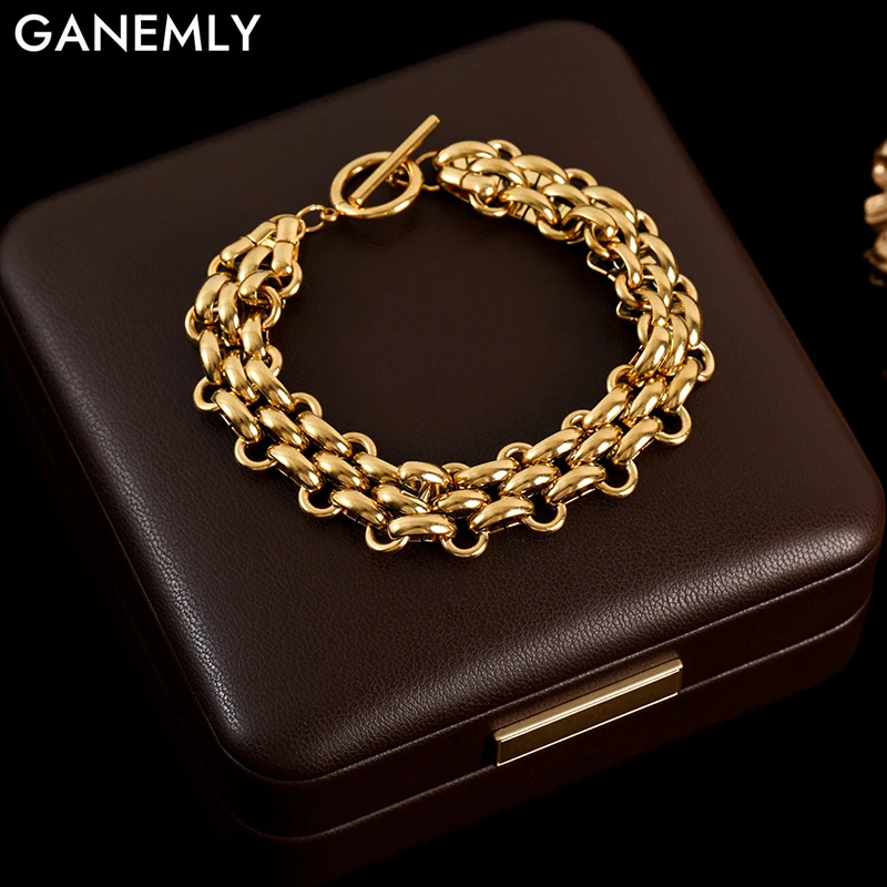 Ganemly 316L z nehrdzavejúcej ocele Kubánsky náramok náramok pre náramok pre ženy Men trendy 18k zlatohnedé vodotesné šperky Bijoux