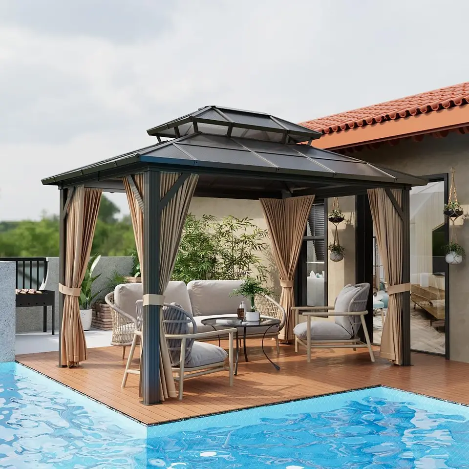 Gaomon 10'X12 'Hardtop altánok, vonkajší polykarbonát Dvojitá strešná strieška, hliníkový rám trvalý pavilón so záclonami a sieťou