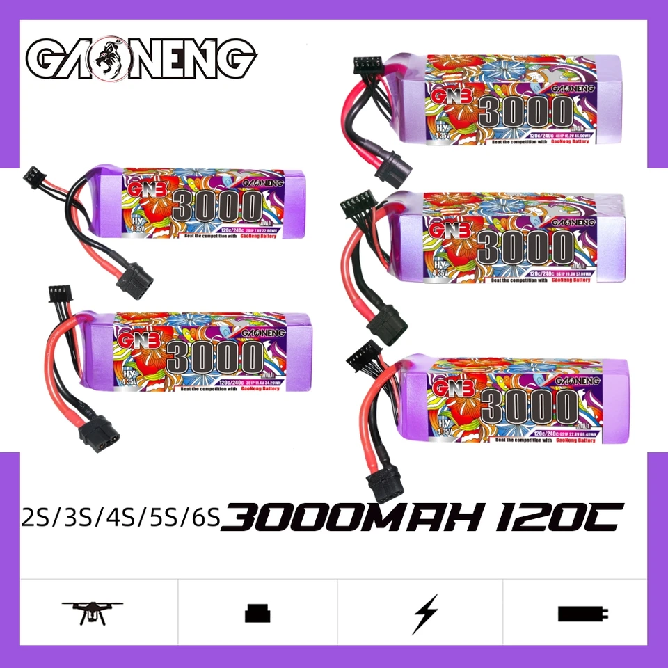 Gaoneng GNB 3000MAH 120C 2S/3S/4S/5S/6S 7,6V/11,4V/15,2V/19v/22,8V HV LiPo batéria s zástrčkou XT60 pre RC Cars Drones Fixované krídlo