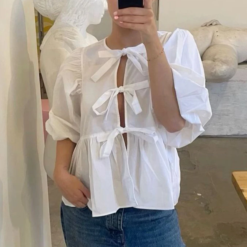 Gaono Women Puff Puff Ruckve Peplum Tirls TIE PREDNÁ HUBOR BLAYDOLL BLAUY TOPS Teen Girls Lace Up Cute Cytle Cireed Y2K Tops