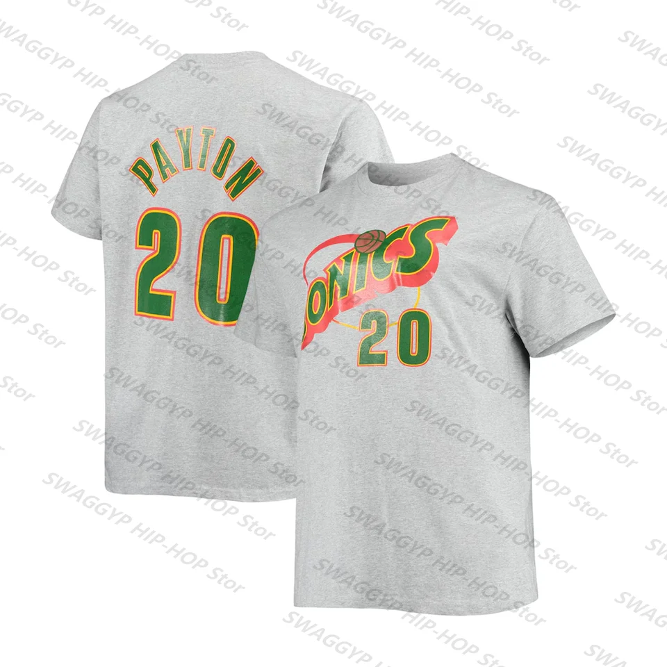 Gary Payton Sonics Hardwood Name & Number T-Shirt-Gray#20 Shawn Kemp Classic Vintage Unisex Basketball Tee Tops-Green Kids/Adults