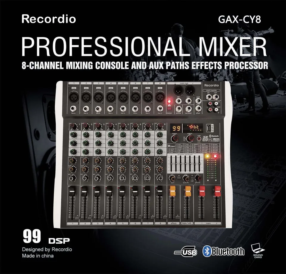 GAX-CY8 USB Blueteeth 8 Channel 48V Phantom Power Sound Hudba hudba Reverb Audio Console Mixer pre PC Stage Studio DJ