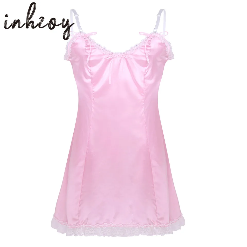 Gay Mens Sissy Dress Male Crossdress Satin Lace Filly Lingerie šaty exotické sexy homme ružové spodné prádlo nočné oblečenie