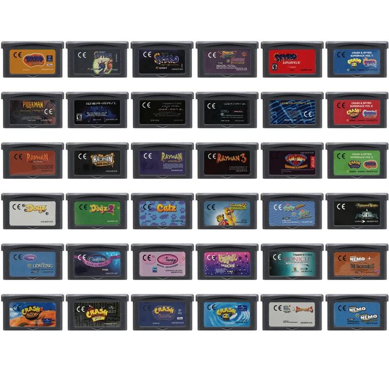 GBA Games Cabtridge 32 bitovej videohry konzoly Crash Crash Spyro Rayman Spider Mann Nemo pre retro fanúšikov