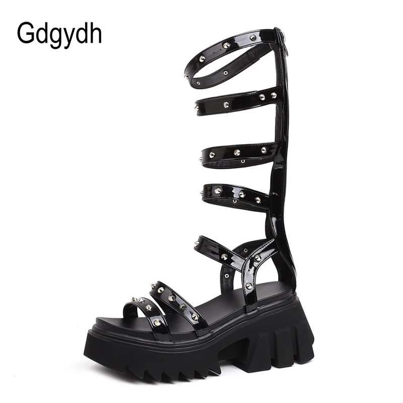 Gdgydh Street Style Rímske koleno High Gladiator Sandals Sandále Ženy Nivet Platforma Chunky podpätky punk rockové gotické topánky zips pohodlie