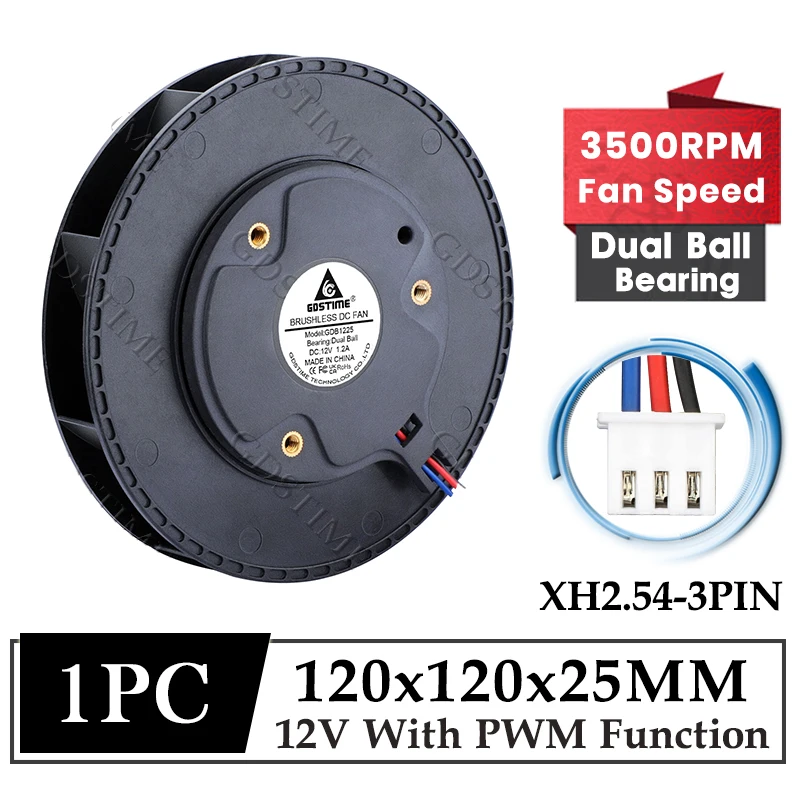 GDSTIME 120 mm ventilátor 12V DC DC bez kefy bez kefy 120*25 mm Turbo Certrifugal Radial Blower 12cm Dual Ball 3pin PWM nastaviteľná rýchlosť ventilátora