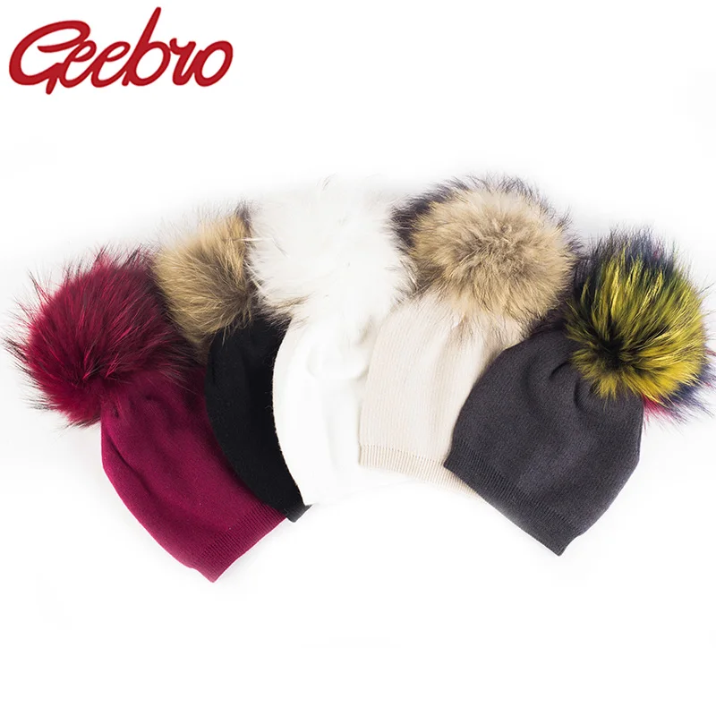 Geebro Detský pletený šesťuholník kašmíru Beanie Real Raccoon Kožušina Poms Poms zimná klobúk Dievčatá teplé lebky kosť Kids detská mäkká čiapka