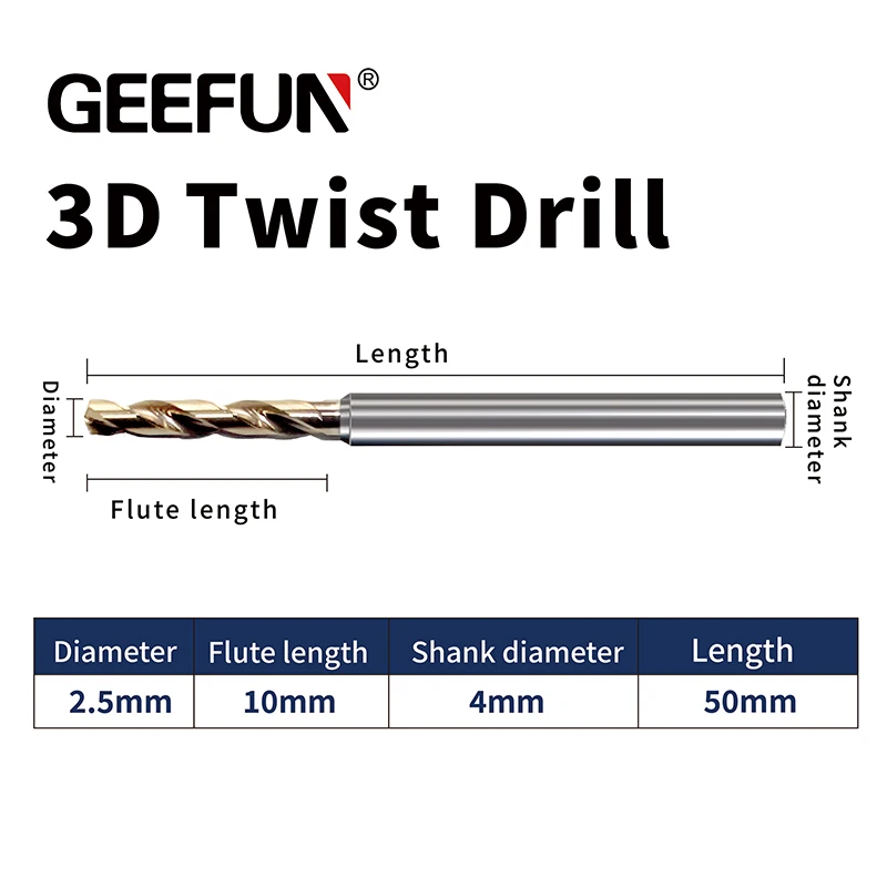Geefun Dia 2,5 mm / dĺžka 50 mm HRC65 3xD Twist Bits Bits Bits Bits Bits na všeobecné použitie pre všeobecné použitie