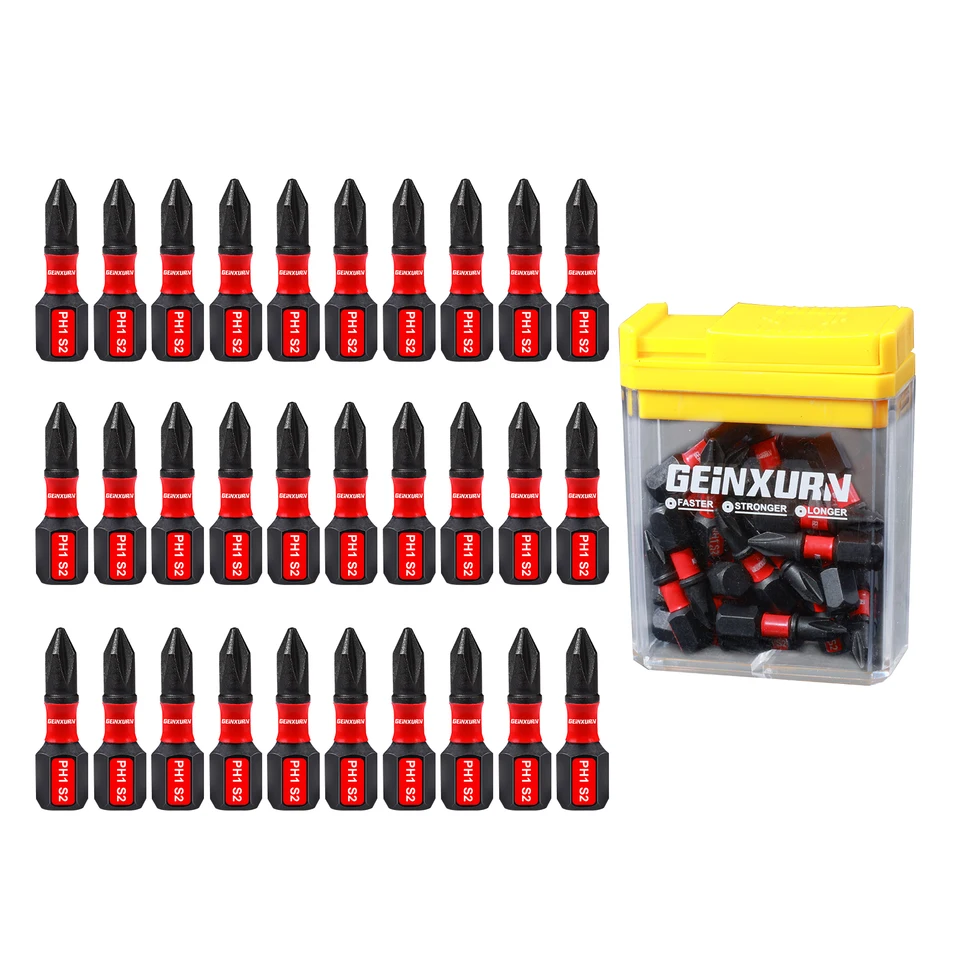 Geinxurn 30ks náraz Phillips Screwdriver Bits Set, oceľové multi vodičské kúsky s úložným priestorom (červená, zelená, žltá)