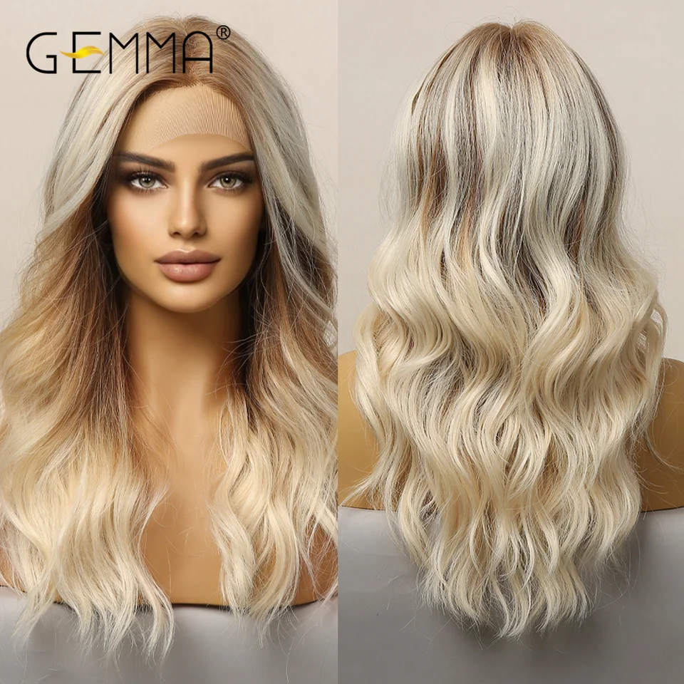 Gemma Long Wavy Omber Brown Blonde Lace predné parochne pre ženy stredná časť čipka Syntetická parochňa odolná voči tepelne odolným cosplayom Denné vlasy
