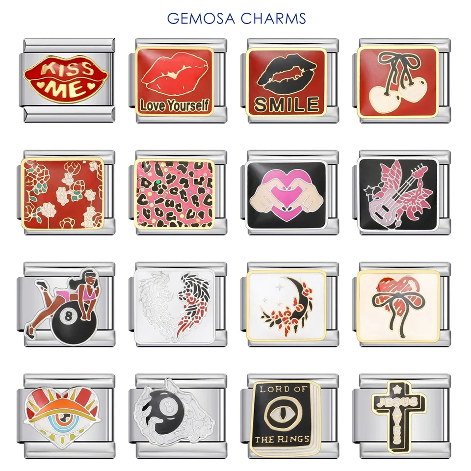 Gemosa y2k punk pery cherry gitara srdce stolný tenis girl eye talianske kúzlo link fit 9mm z nehrdzavejúcej ocele náramok DIY korálky