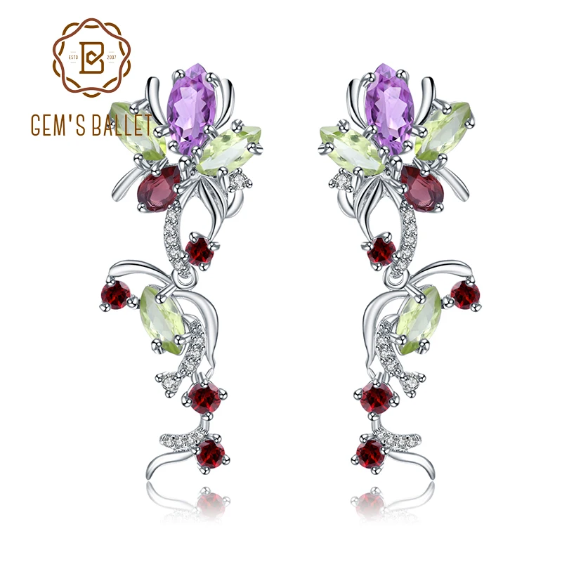 Gem's Ballet 925 Sterling Silver Vintage Drop náušnice kvetina Multicolor Natural Peridot Ametyst Garnet pre ženy jemné šperky