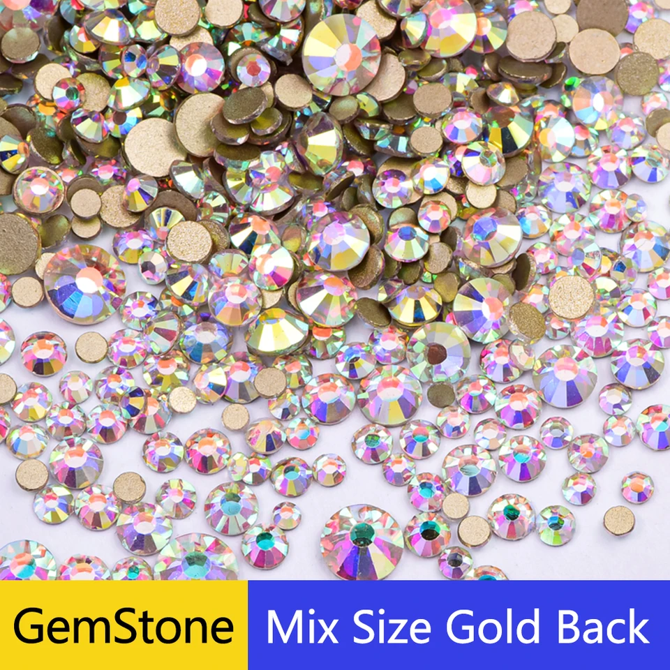 Gemstone Gold Bottom Mix Veľkosť non hotfix kamienky s plochým krištáľom DIY Glitter Stones 3D nechty Strass Strass kameň
