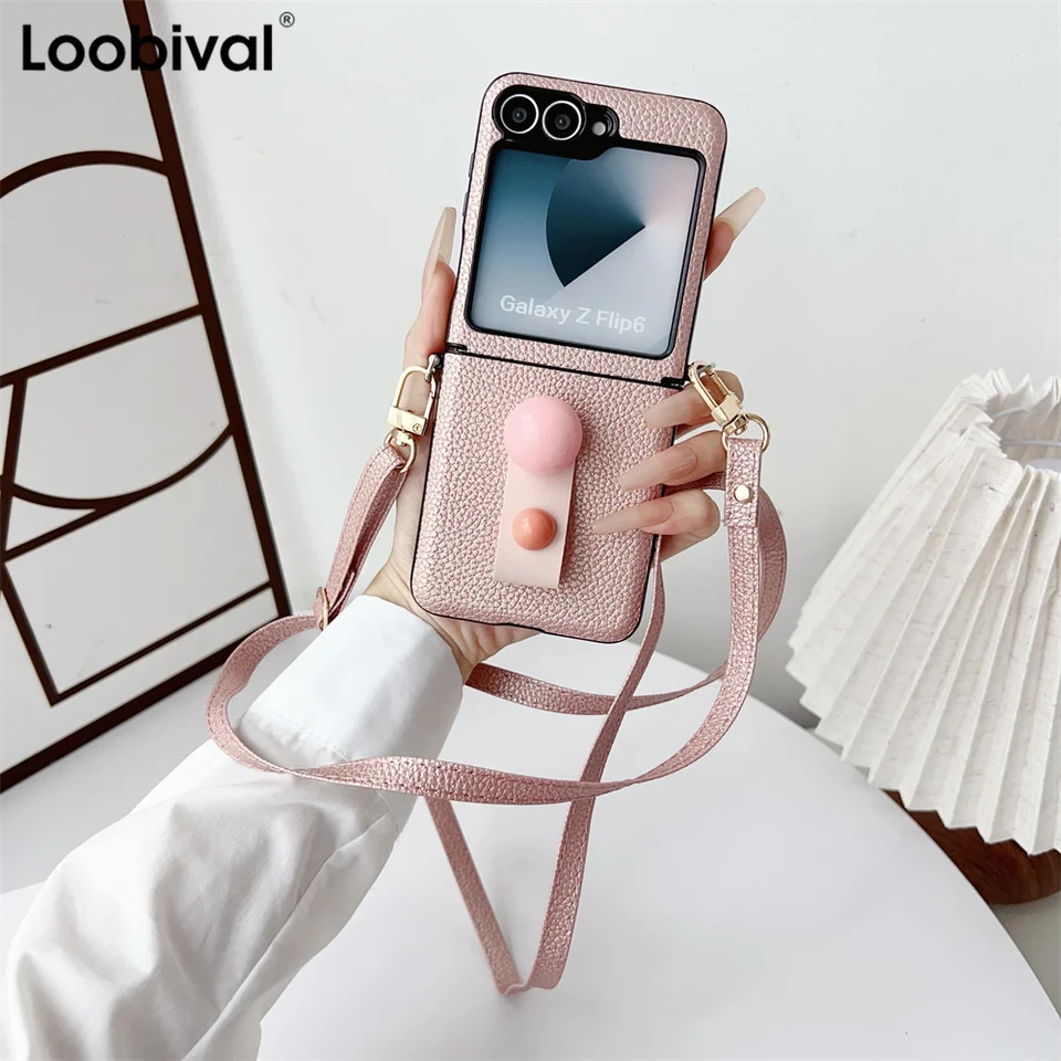Gemstone prsteň spona držiaka kože kožené puzdro pre Samsung Galaxy Z Flip6 Zflip5 Flip 4 5 6 Zflip4 Lybee Pattern Long Lanyard Cover