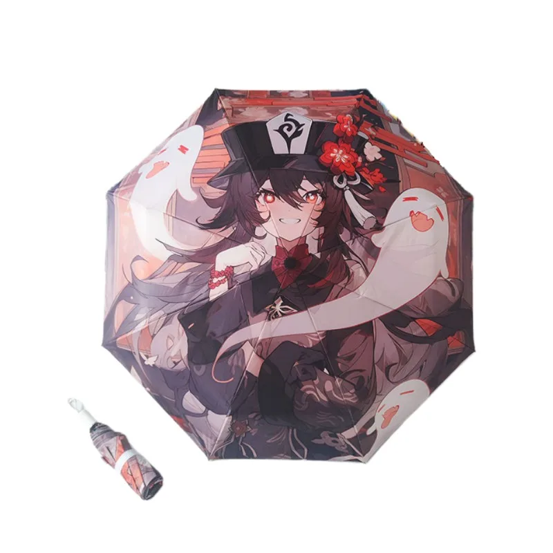 Genshin Impact Hutao Animácia Periférna karikatúra Tlač roztomilého študenta Prenosný vinyl dáždnik pre dážď alebo lesk vonkajší slnečný tieň