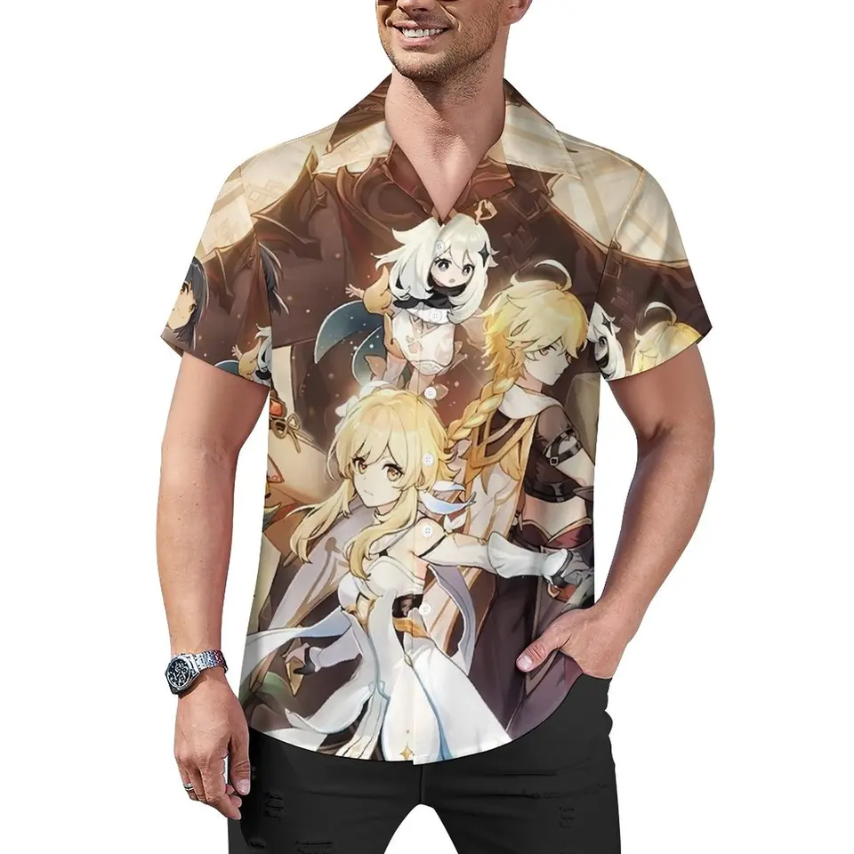Genshin náraz blúzky Men Anime tlač príležitostné košele letné krátke rukávy grafické štýlové nadmerne nadmerné dovolenkové košele darček