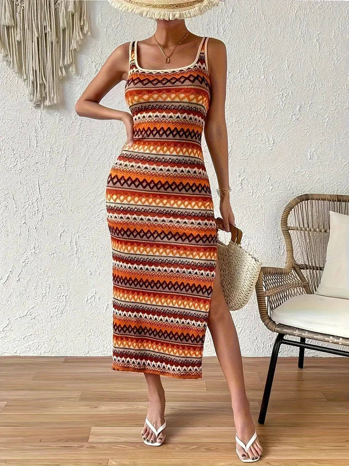 Geometrický vzor Tassel Fashion Simple Dress Elegantné bez rukávov Slim Dress Jar a letné ženy