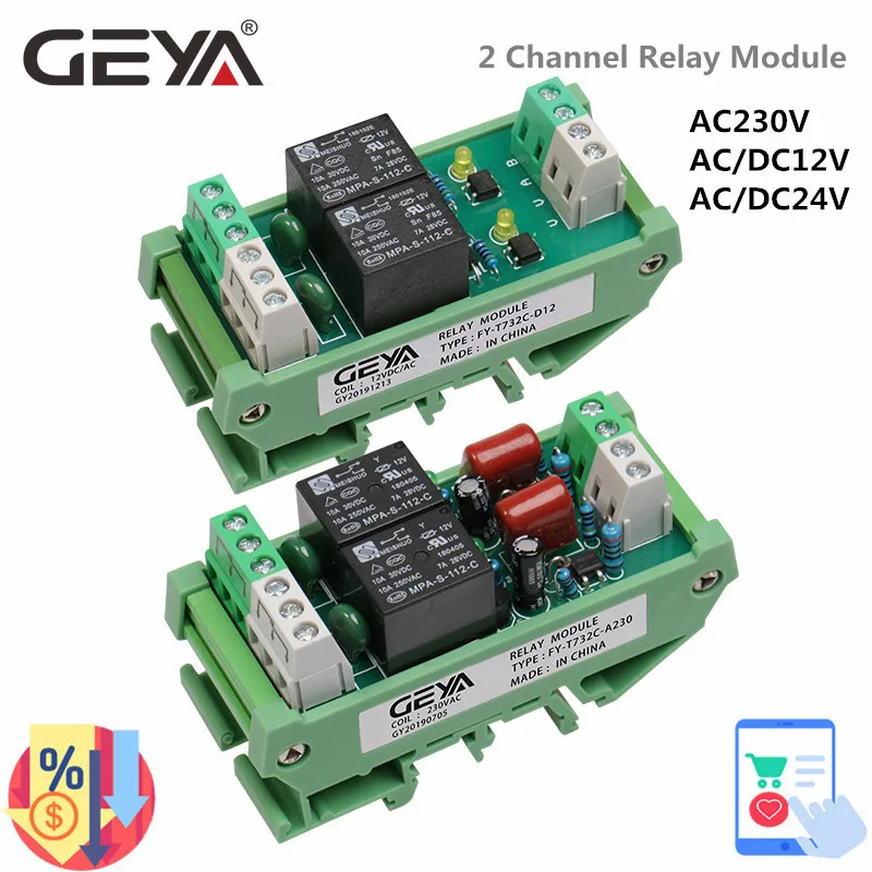 Geya 2 kanálový reléový modul AC/DC 12V 24V AC230V Elektromagnetické relé na všeobecné účely AC220V Relé modul 5VDC