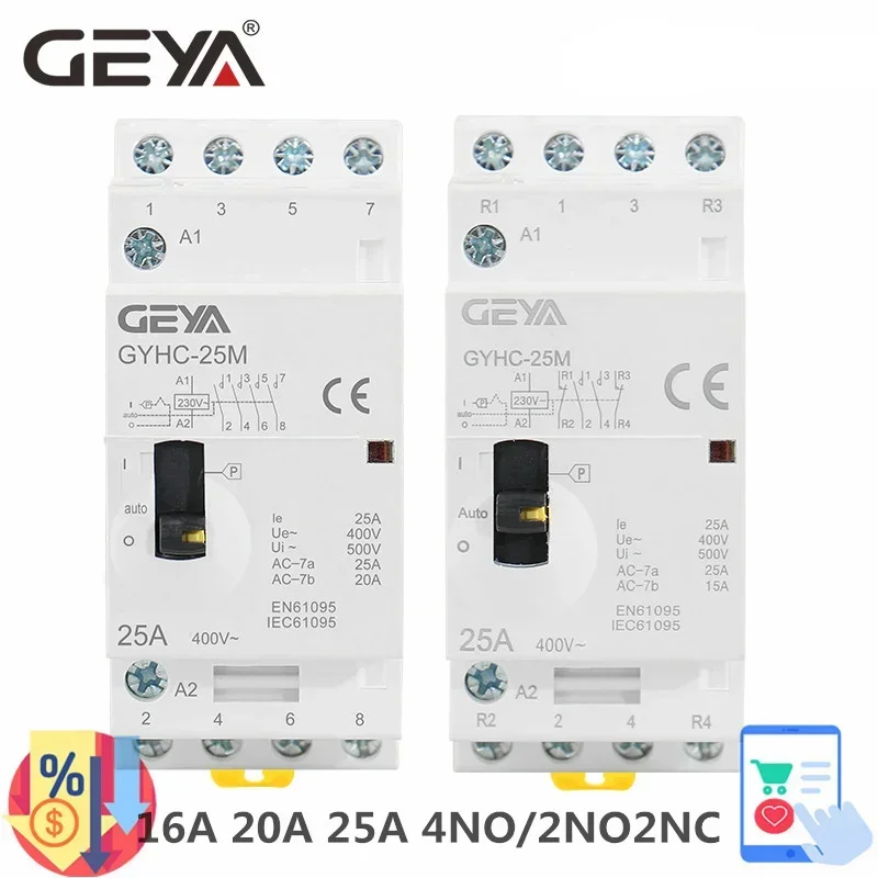 Geya Gyhc 4p 25a 4No alebo 2NO2NC 220V/230V 50/60Hz DIN Rail Domácnosť AC Modular Smatytor Manual Typ